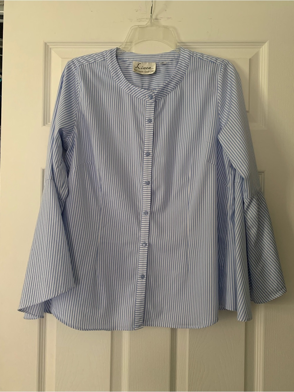 Linea by Louis Dell'Olio QVC Pinstripe Button Down Tulip Sleeve Blue White 10